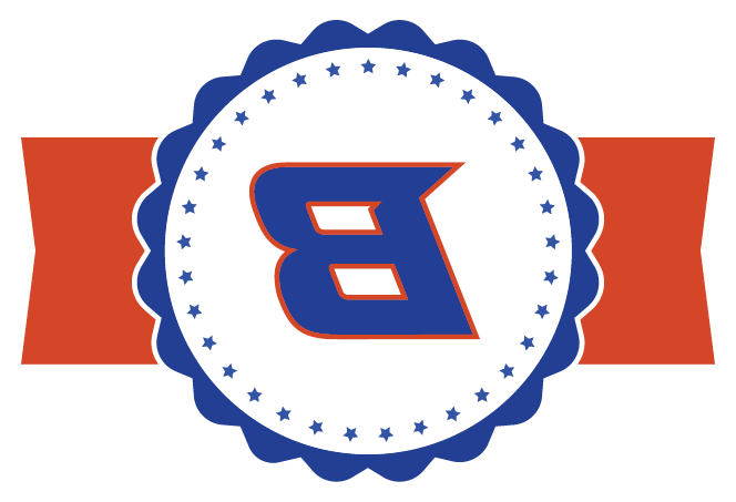 Blue and white seal with the Boise State "B" logo on an orange banner